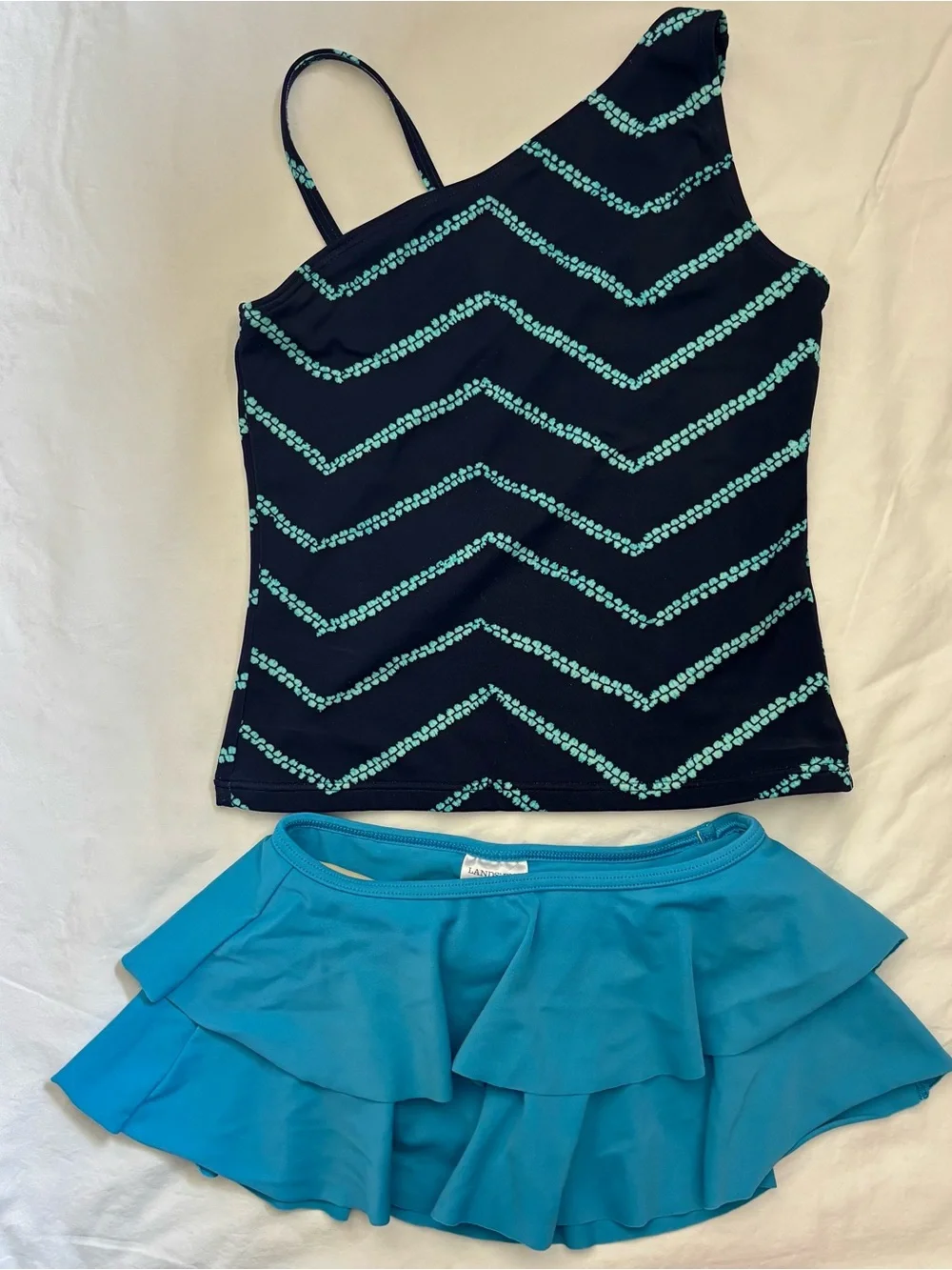 Lands' End Blue & Teal One-Shoulder Tankini with Teal Ruffle Skirt